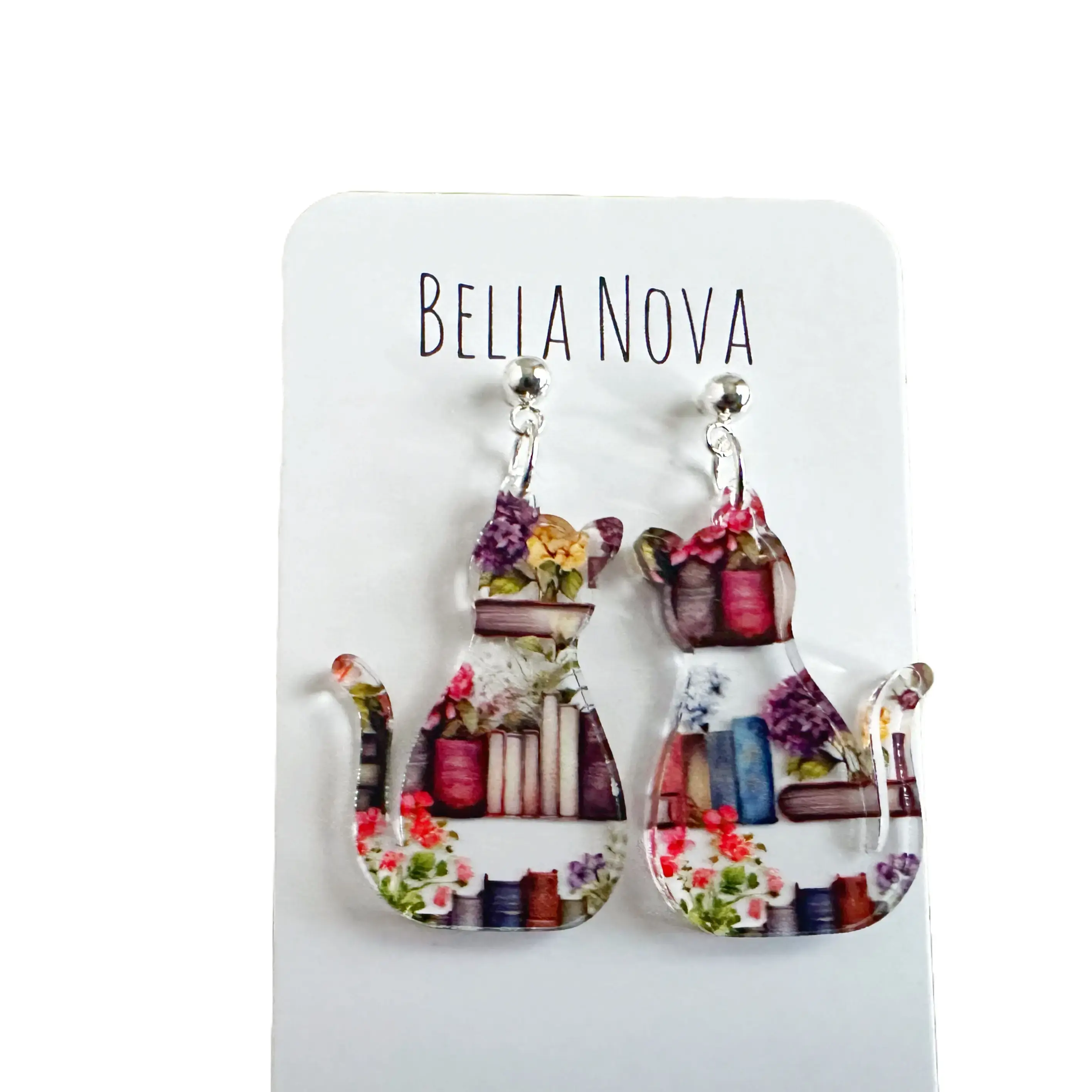 Bella Nova Floral Cat Book Acrylic Drop Earrings Hypoallergenic Ball Studs Unisex Dainty Jewelry for Book Lovers & Cat Enthusiasts Daily Wear
