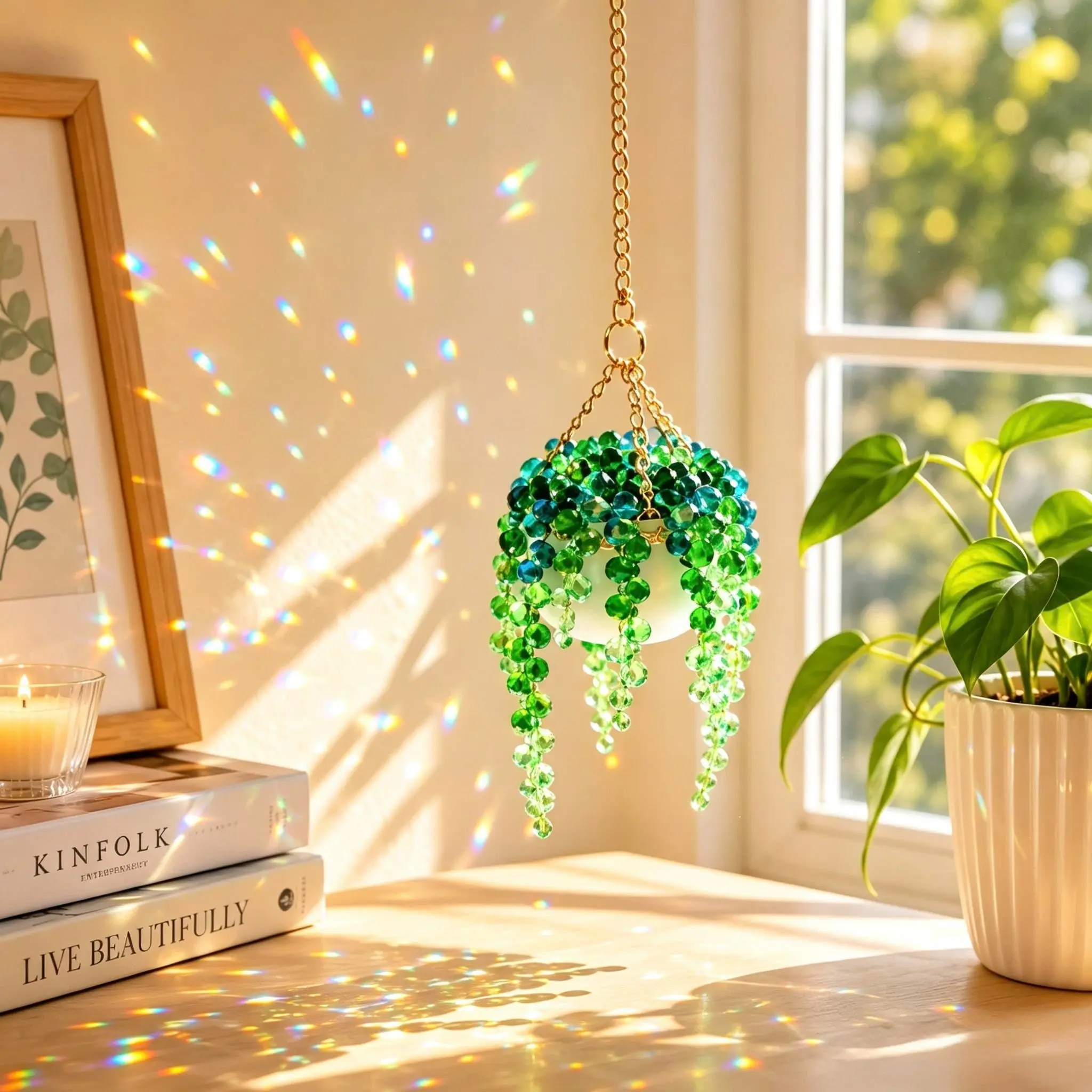 Handmade Beaded Plant Suncatcher, Crystal Rainbow Maker, Aesthetic Home & Car Decor, Cute Gift
