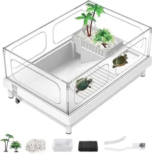 Small Turtle Tank, Aquarium, Acrylic Terrarium with Basking Platform, Bottom Drainage, Multi-Function Areas for Turtles, Crabs, Crayfish, Reptiles.