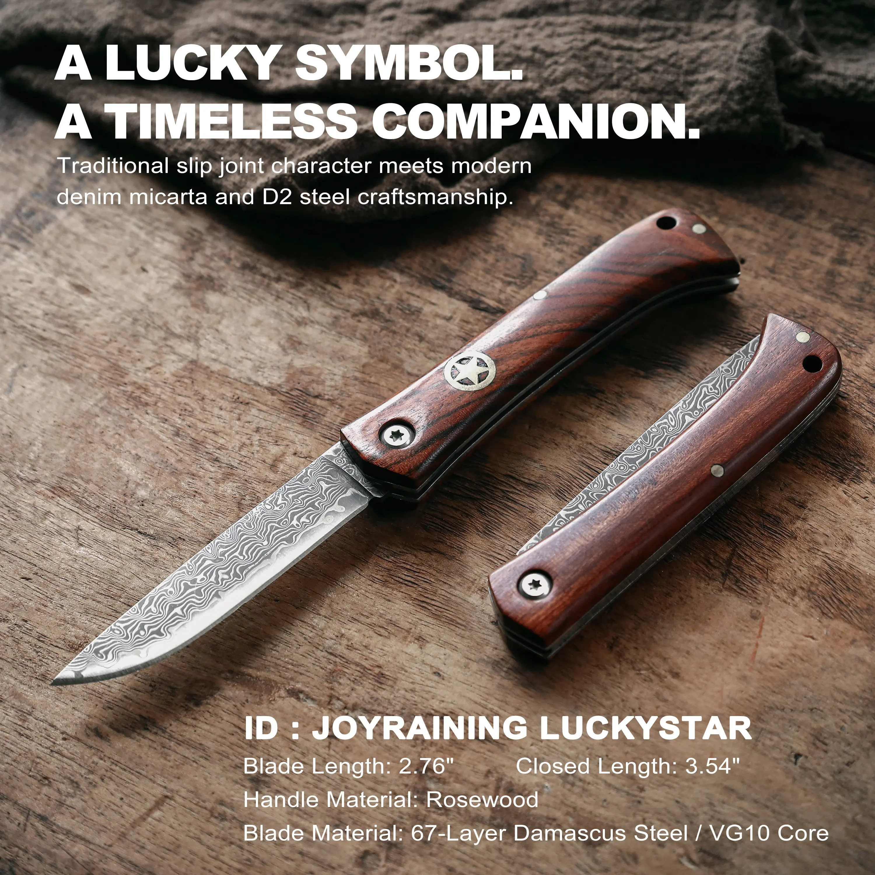 Joyraining LuckyStar Damascus Pocket Knife, 67-Layer VG10 Damascus Steel Blade, Rosewood Handle with Copper Star Inlay, Traditional Non-Locking Slip Joint Folding Knife, Lightweight Gentleman’s EDC Gift for Men tiktokshopbacktoschool