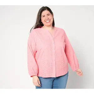 Denim & Co. Adaptive Cotton Eyelet Button Down Shirt