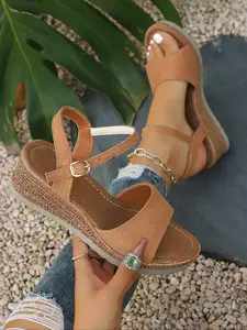Women's 2026 Summer Vacation Essential Suede Open Toe Espadrille Wedge Strapy Sandals, Ankle Buckle Strap Footwear for Beach, Poolside & Casual Summer Days