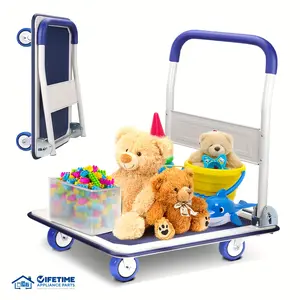 Heavy Duty Large Foldable Push Cart with 330/660 lb Capacity - Heavy-Duty Iron Construction, Swivel Push Handle, Space-Saving Collapsible Design, Manual Hand Truck For Home, Moving - Ideal For Large Items, Furniture, Appliances - Blue & White/ Black