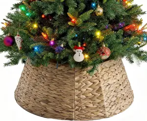 24inch Xmas Tree Collar for 4-7ft Trees, Braided Hyacinth Rattan with Lock Design & Cord Hole |