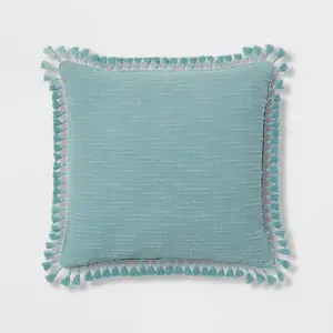 Threshold Euro Textured Slub Tassel Pillow 24x24 OEKO-TEX, Light Teal Blue