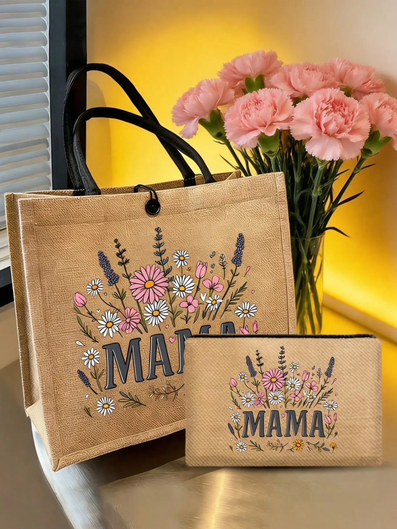 Mother's Day Gift Floral Pattern 'mom' Large Capacity Top Handle Handbag Set, Includes Makeup Bag, Perfect for Mom, Wife, Grandma, Ideal for Celebrations
