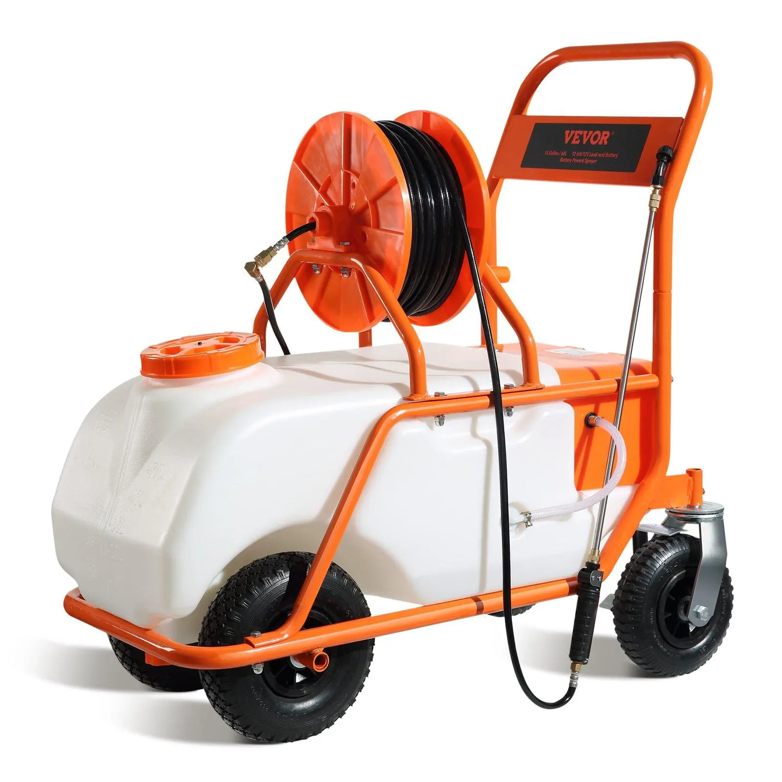 【summerfinds】VEVOR Battery Powered Lawn Sprayer on Wheel, TikTokShopBlackFriday, 0-90 PSI Adjustable Pressure, 15 Gallon Tank, Cart Sprayer with 8 Nozzles and 2 Wands, 12V 12Ah Battery, Wide Mouth Lid for Weeding, Spraying