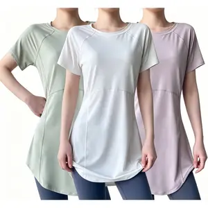Women's Summer Oversized Yoga T-Shirt Quick Dry Breathable Mid-Length Hip Cover Slim Fit Short Sleeve Workout Top shirt sports