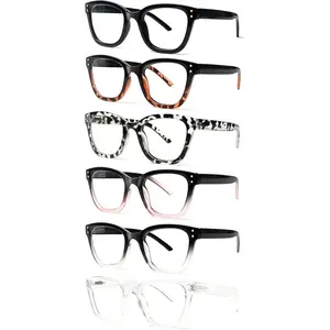 6 Pack Reading Glasses for Women Men Blue Light Blocking Square Fashion Readers with Spring Hinge Computer Eyeglasses