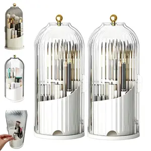 2PCS Birdcage-Style Concealed Toothbrush Holder Sliding Lid 360 Rotating Waterproof Dustproof Organizer for Bathroom Counter & Vanity White