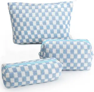 Blue Checkered Make-up Toiletry Bag 3 Piece Set For Travel Storage and Organization
