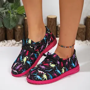 Women's Colorful Dinosaur Print Casual Laces Outdoor Shoes, Lightweight Low-Top Sneakers