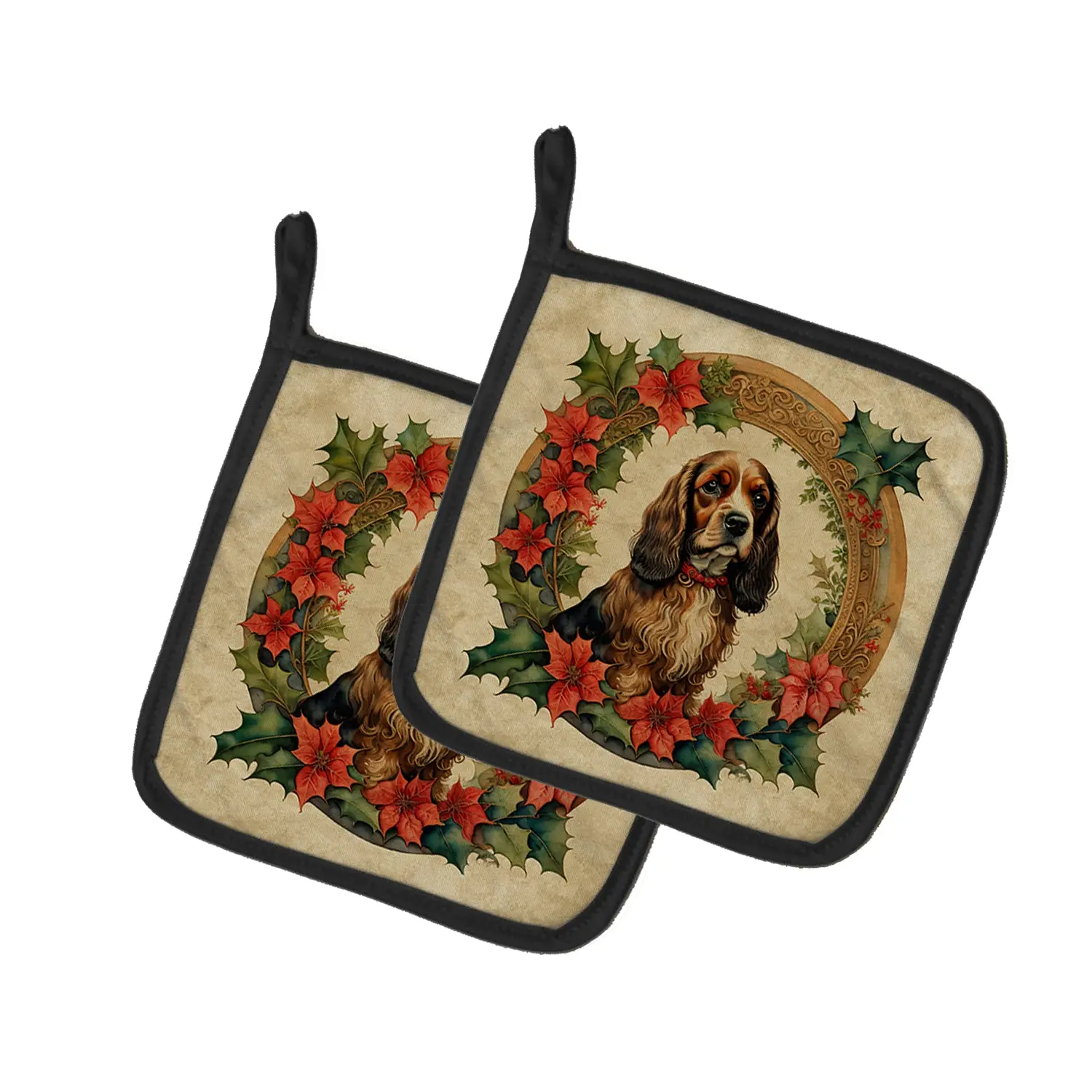 English Cocker Spaniel Christmas Themed Polyester Fabric Pot Holders - 2-Piece Pair Pack Square Shape 7 1/2 Inches Bakeware for Home Decor, Holiday Use