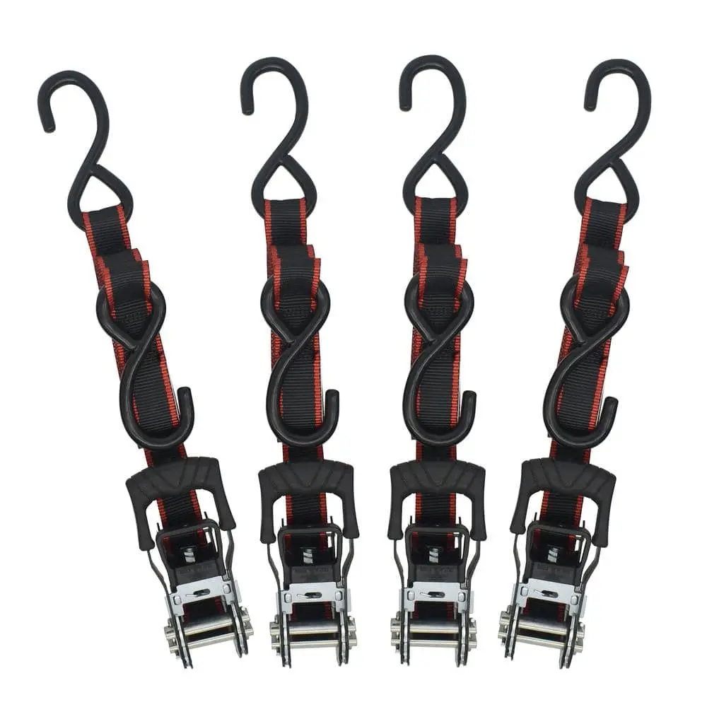 Strong Heavy Duty Ratchet Tie Down with S Hook - 1 in. x 12 ft. High Tenacity Ratcheting Straps, 4-Pack, Padded Handle UV Protected Luggage Accessories for Travel Bags, Commercial Use