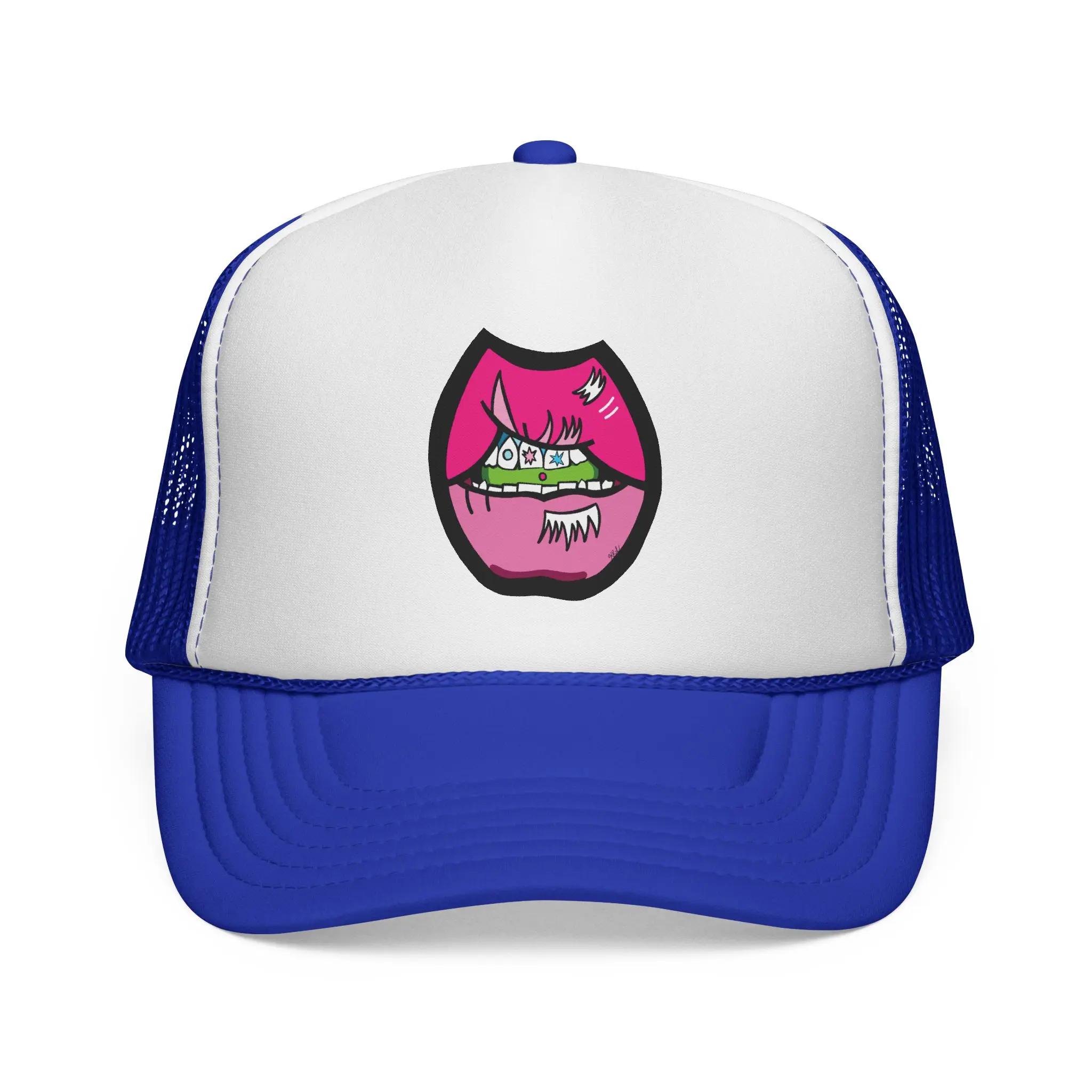 Pink Bratty Colorful Lips Foam Trucker Cap | Cute Cartoon Pop Art Mesh Summer Festival Hat | Bish What