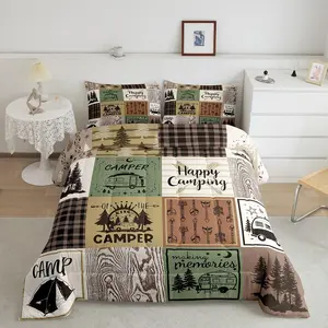 Happy Camping Comforter Set,Rustic Cabin Camper Bedding Sets,Rv Car Accessories Travel Trailers Patchwork Buffalo Plaid Down Comforter