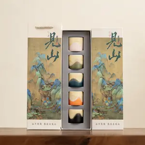 5-Piece Chinese Ancient Porcelain Tea Cup Set with Gift Box, 4-Color Kiln Glaze Master Cups, for Coffee & Water, Ideal for Business Annual Meetings, Premium Holiday Gifts, Desktop Decor & Ornaments