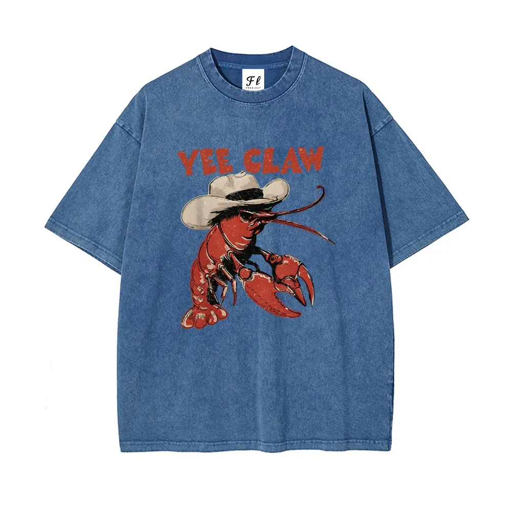 Women's Relaxed Oversize Vintage Mineral Wash T-Shirt - Yee Claw Funny Lobster, Retro Sexy Cowboy Crawfish Graphic, Reinforced Crew Summer Top, Short Sleeves