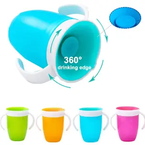 Silicone Baby Water Cup, 360 Degrees Rotated Baby Learning Drinking Cup with Double Handle, Flip Lid Leakproof Infants Water Cups