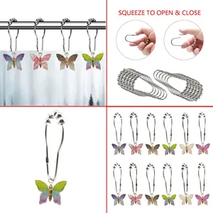 12-Piece Acrylic Colorful Butterfly Shower Curtain Hooks Set, Multicolor Decorative Bathroom Accessories, Stylish Bath Rod Rings, Bathroom Decoration Accessories