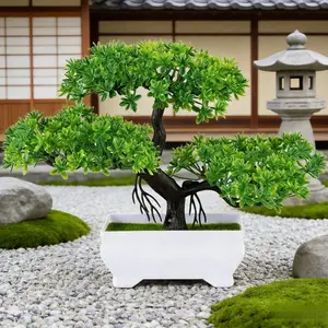 Mini Artificial Bonsai Tree Plants with Plastic Cement Pots for Home Office Décor (Yellow).