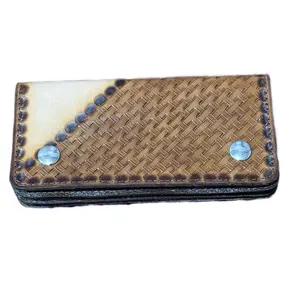 Hand Tooled Two Toned Leather Bikers Wallet with Basketweave Design and Rivets