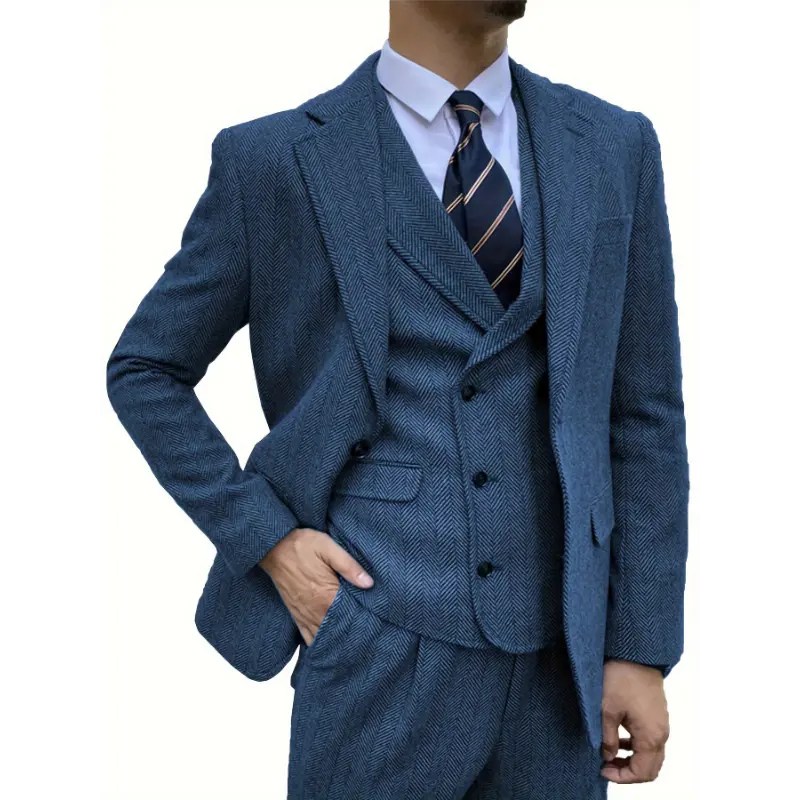 Men's 3-Piece Suit Set, Vintage Style Herringbone Tweed Wool Blend Formal Wear, Regular Fit with Slight Stretch, Shirt, Polyester, Top, Long Sleeve