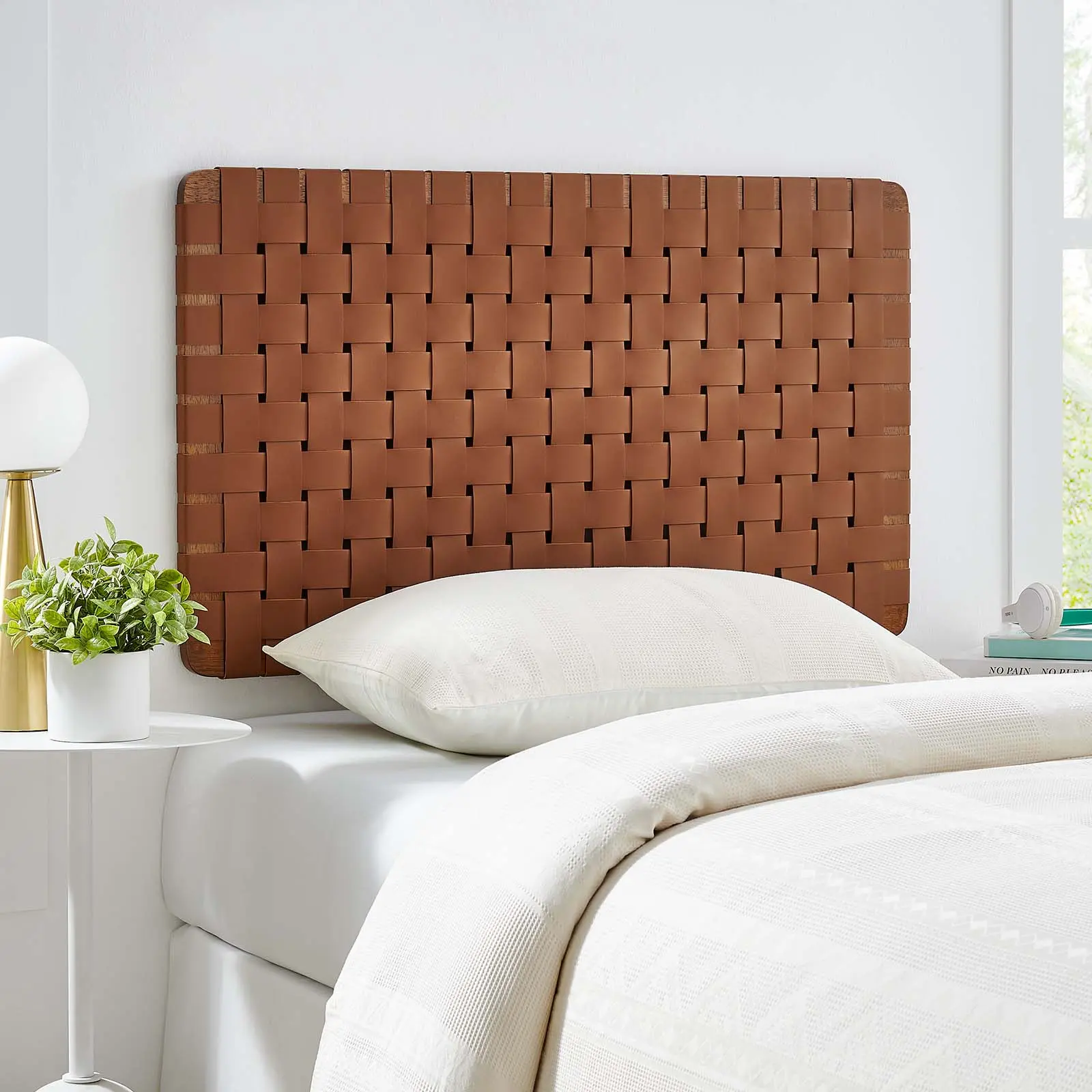 Modway Sparta Weave Wall-Mount Twin Vegan Leather Headboard in Walnut Brown