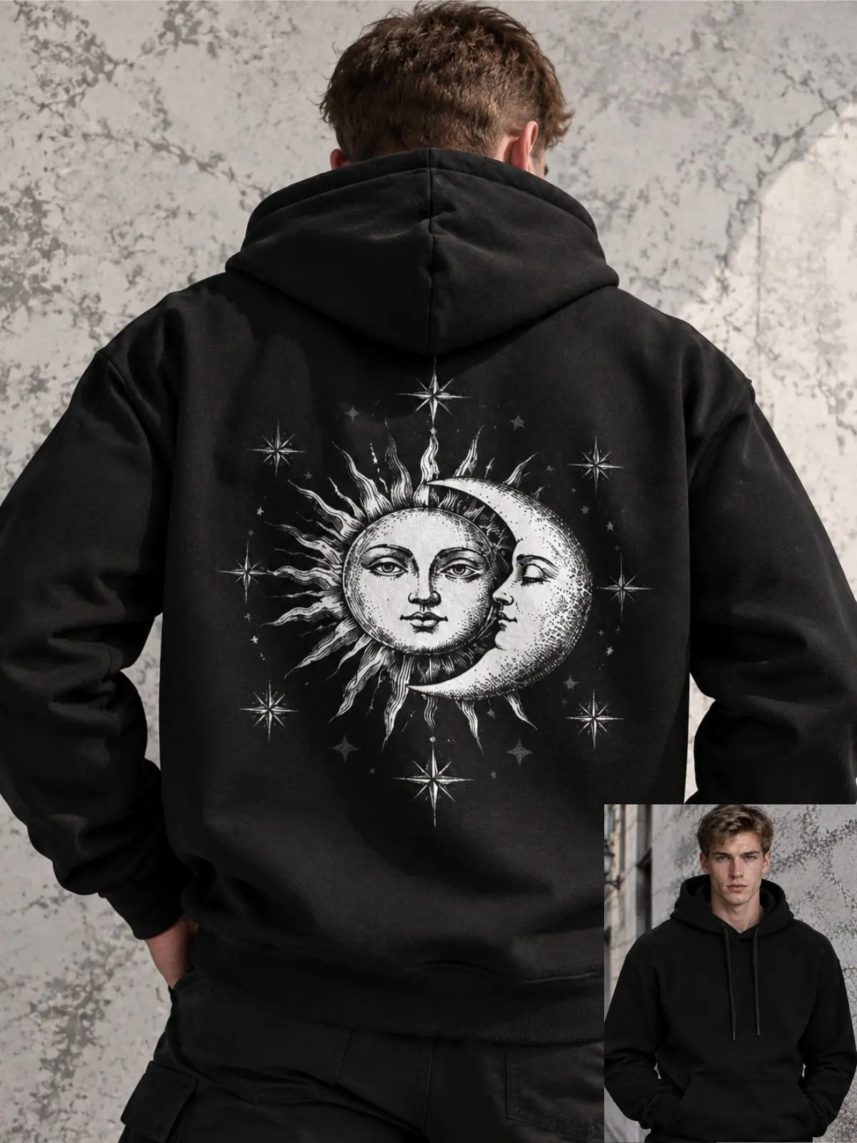 Men's Loose-Fit Hooded Pullover Sweatshirt - Soft Brushed Fabric, Mystical Vintage Sun Moon Back Graphic Print, Casual for Autumn Street Outings, Sizes S-3XL Comfort Halo Fleece men's hoodies Warm Taupe men's hoodies Long Sleeve Cropped men's sweatshirts