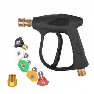 High Pressure Car Wash Gun Pressure Washer Attachment with 5 Spray Nozzles, 4000psi Brass Valve Core Cleaner, Fits 22mm External Thread, 14-15mm Hose
