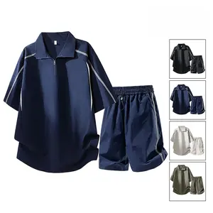 Men’s two-piece set for summer: short-sleeve half-zip polo shirt and shorts with color-block patchwork design from a retro streetwear brand. Fashionable and versatile, casual style, premium quality—ideal for travel, vacations, and everyday wear. summervib