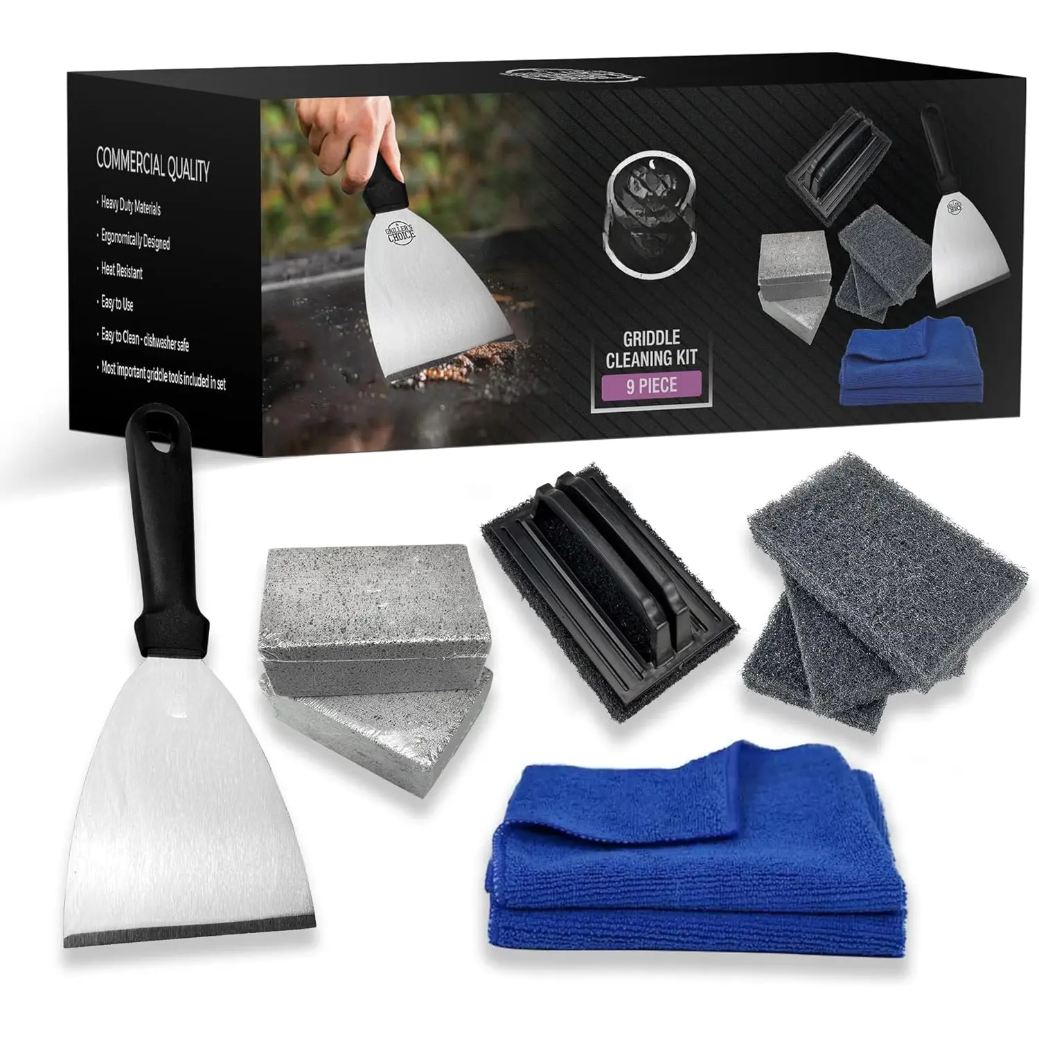 Griddle Cleaning Kit, Flat Top Grill Set-Cleaning Blocks, Scouring Pads, Cleaning Brush, Scraper.  in One Grill Cleaning Kit (CleaningKitNEW)
