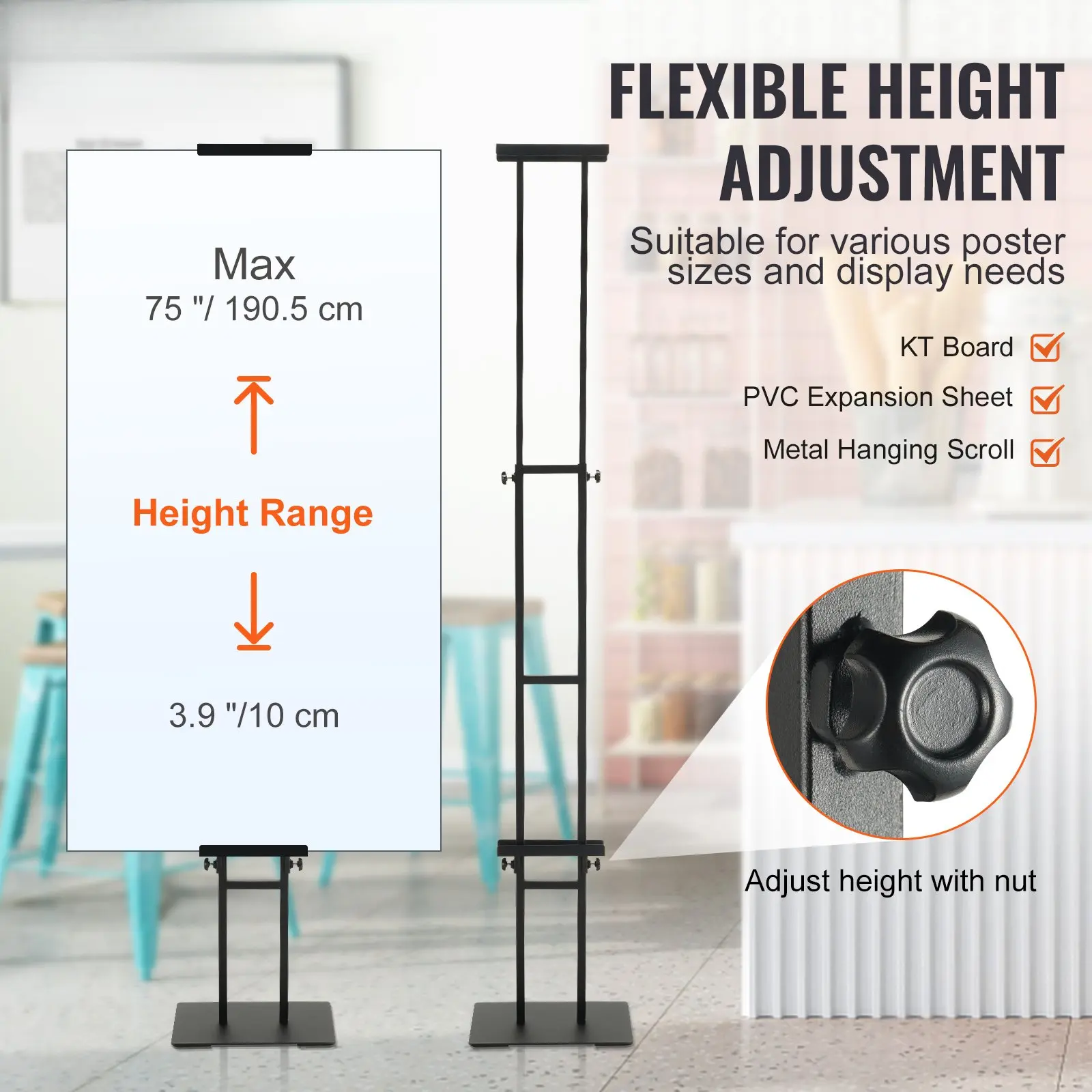 Double-Sided Heavy Duty Poster Stand – Floor Standing Sign Holder with Shock-Absorbing Base – Adjustable Pedestal Display for Boards, Foam & Banners – Black Commercial Sign Stand for Retail & Events