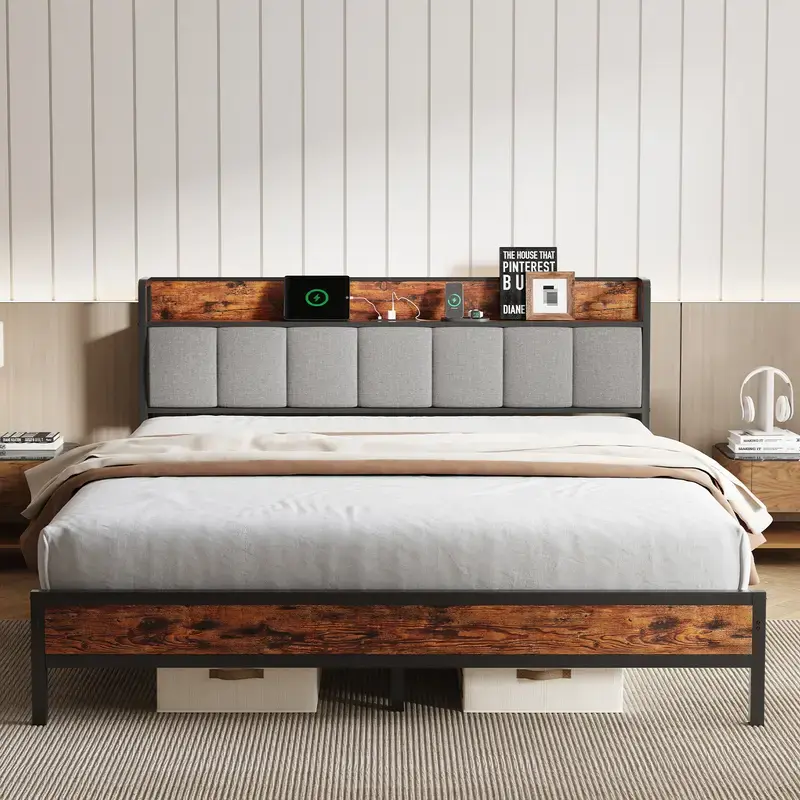 Bed Frame with Charging Station USB/Type-C & Storage Headboard Modern Metal Platform Bed Frame Easy Assembly Heavy Duty Slats Support Noise Free No Box Spring Needed Twin Full Queen King Size