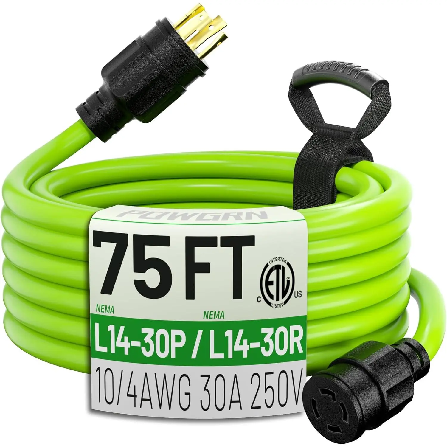 75Feet 30 Amp Generator Extension Cord 4 Prong,Heavy Duty NEMA L14-30P/L14-30R,125/250V 7500W,Green 10 Gauge STW Twist Locking Generator to House Power Cords with Cord Organizer,ETL Listed