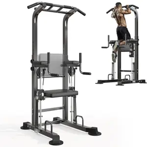 Adjustable Power Tower Pull Up Dip Station for Home Gym, Multi-Function Pull Up Bar Station Free Standing with Assisted Pad, Full Body Strength Training Fitness Workout Equipment, Adjustable Height 70.9"-85"