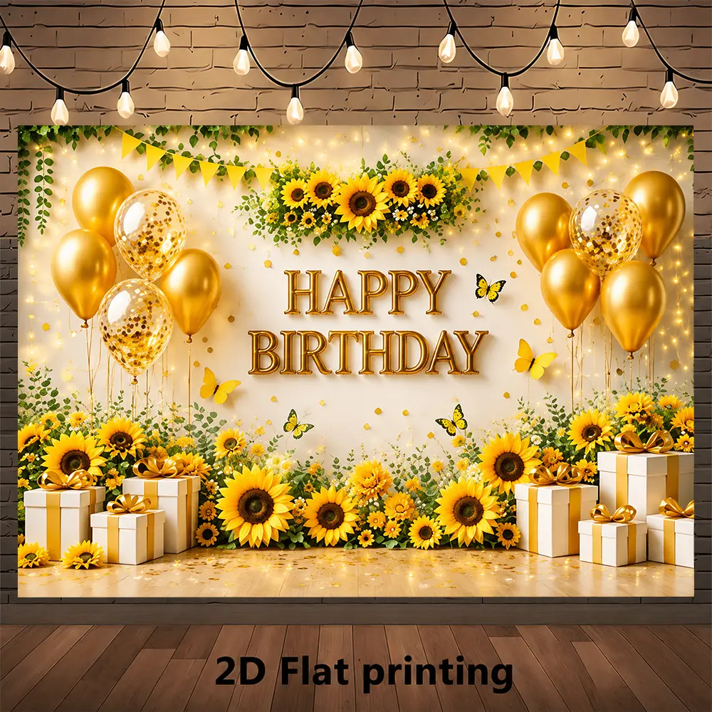 Sunflower Happy Birthday Window Backdrop Decor, Lightweight Yellow-Gold Floral Balloon Rustic Autumn Theme Banner, Indoor/Outdoor Fall Celebration Photography Wall Decor