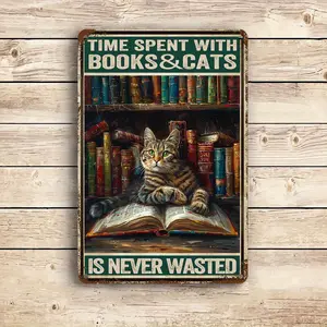 [1pc Cat Book Sign] 1pc Aluminum Cat and Book Themed Sign |   8*12 Inch Wall Decor for Cat Lovers and Book Lovers |   Home Office Decor