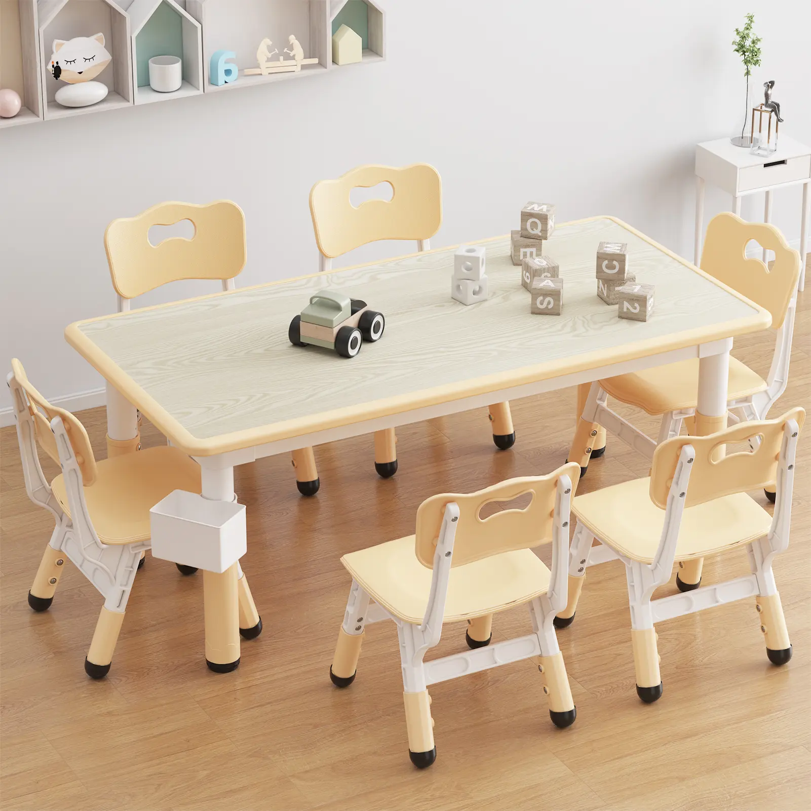 Kids Table and 6 Chairs Set, Height Adjustable Toddler Table and Chair Set, Graffiti Desktop, Non-Slip Legs