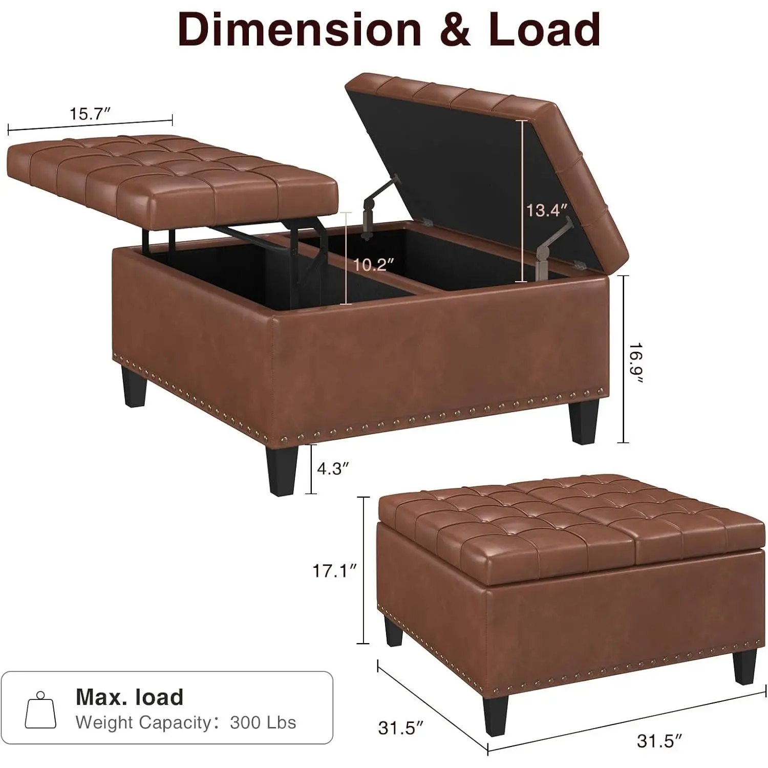 Square Leather Ottoman with Storage, Leather Coffee Table Ottoman with Lift Top, Large Upholstered Footrest Stool Toy Box Storage for Livingroom Bedroom, Brown