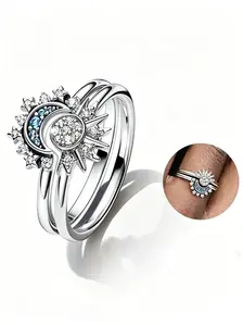 Sun Moon Star Ring Set, Shiny Sun Ring Blue Moon Ring, Friendship Promise Ring, Stackable Star Rings, Holiday Gift for Her Him Jewelry Gifts