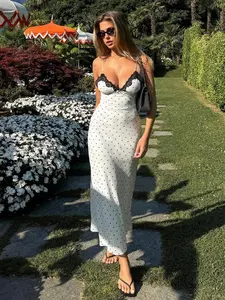 Women's Polka Dot Print Lace Trim Cami Dress, Casual Wear, Summer Clothes Women, Sleeveless Spaghetti Strap Long Dress for Summer, Women's Clothing for Beach Holiday, Womenswear