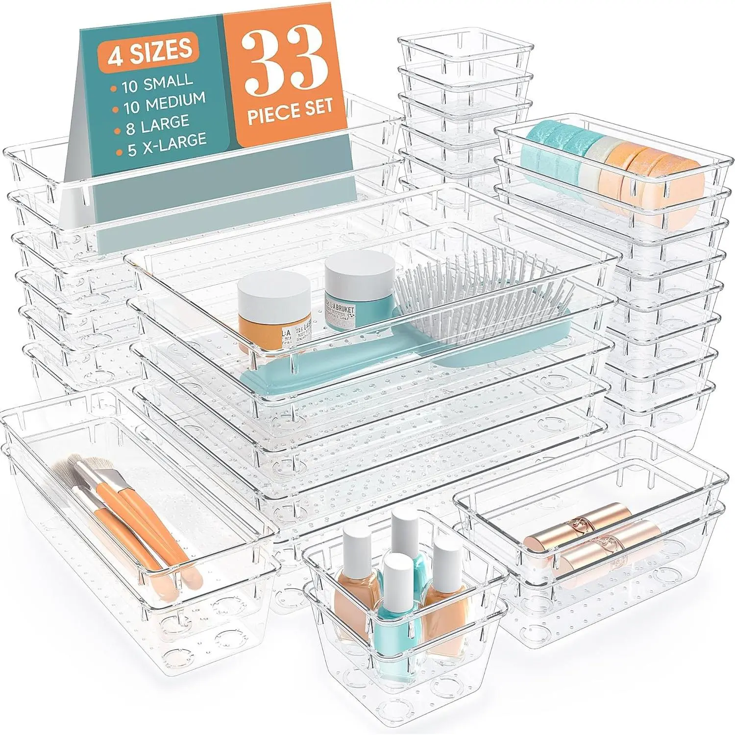 33 count Clear Plastic Drawer Organizers Set, 4 Size Desk Drawer Organizer Trays for Makeup, , Kitchen Utensils, Gadgets and Office Accessories
