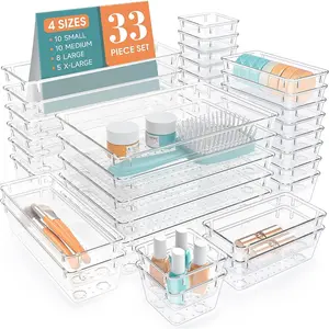 33 count Clear Plastic Drawer Organizers Set, 4 Size Desk Drawer Organizer Trays for Makeup, , Kitchen Utensils, Gadgets and Office Accessories