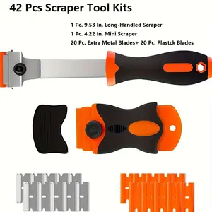 Aozey 42pcs Blade Scraper Set - Effortlessly Remove Labels, Stickers, Tint & Grease From Windshields, Appliances, Glass - 20 Metal & 20 Plastic Blades Included