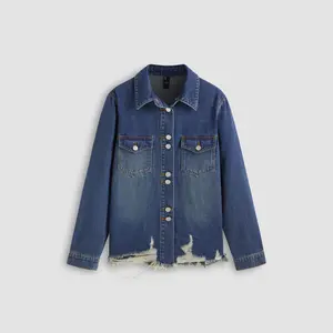 Cider [size 0-10] Collar Solid Ripped Denim Blouse