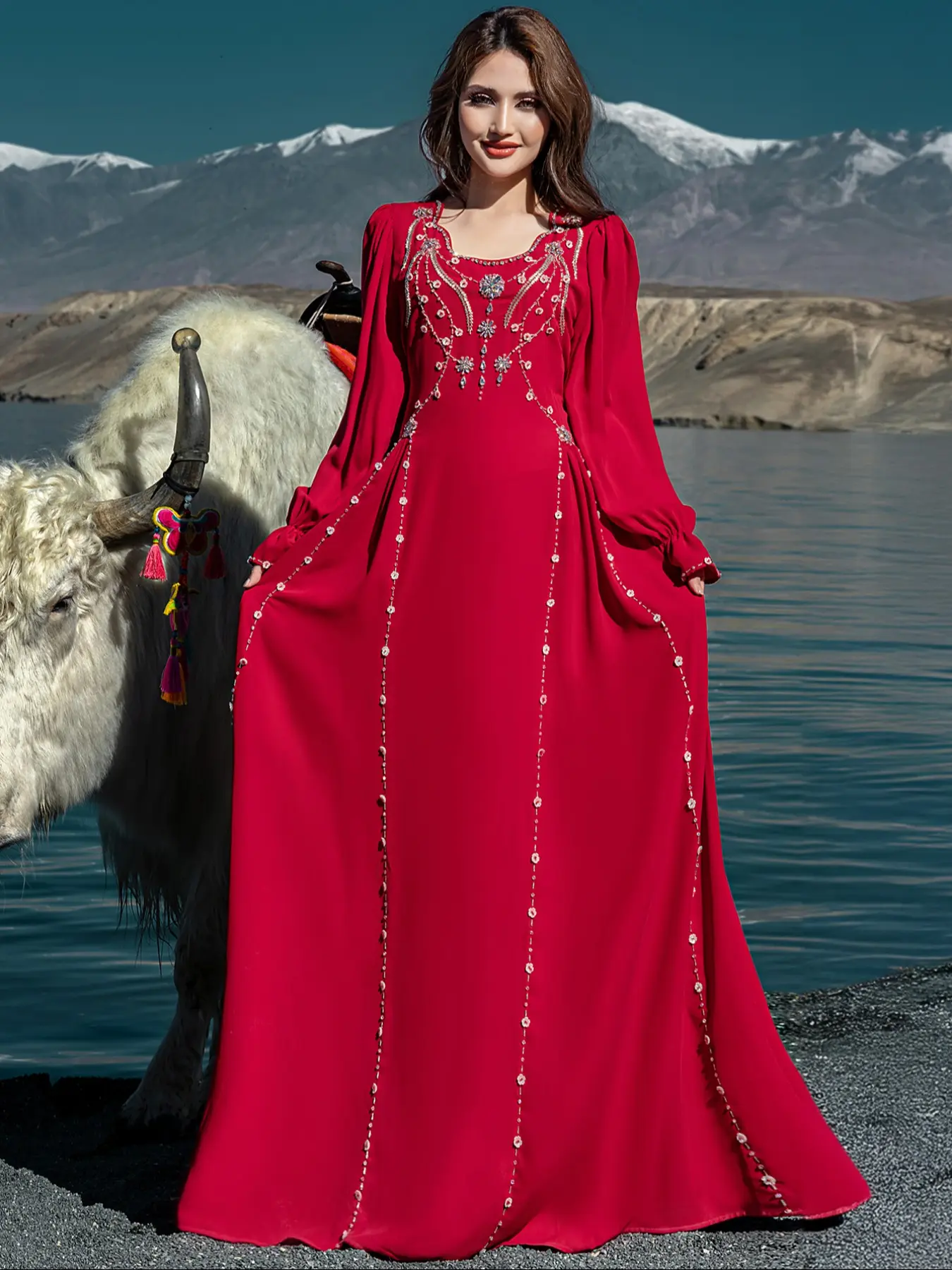Embroidered Abaya Dress, Formal Wear, V Neck, & Silver Beads, Flare Sleeves, Elegant Fitted, Perfect for Formal Weddings & Eid Celebrations - TikTok Shop Embroidered Abaya Dress, Formal Wear, V Neck, & Silver Beads, Flare Sleeves, Elegant Fitted, Perfect for Formal Weddings & Eid Celebrations - TikTok Shop