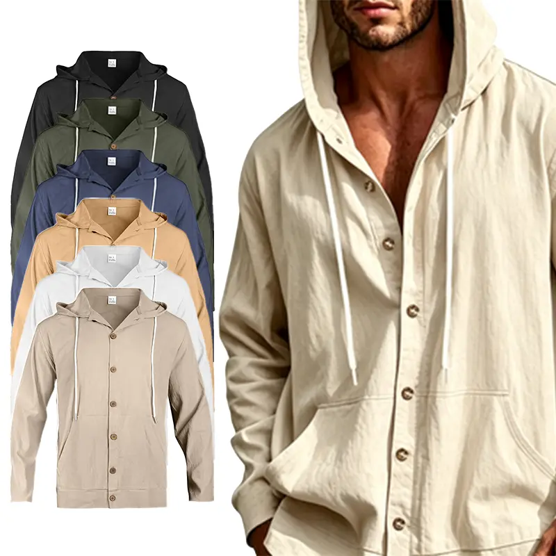 95% linen men’s hooded long-sleeve shirt, retro loose oversized fit, breathable lightweight design with a turn-down collar; includes a white adjustable hat drawstring, vintage wooden buttons, and two large front pockets. Soft, wrinkle-resistant linen mens
