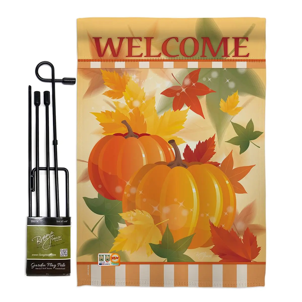 Breeze Decor BD-HA-GS-113038-IP-BO-D-IM10-BD 13x18.5 in. Outdoor Decorative Fall Pumpkins Harvest Vertical Double-Sided Mini Garden Flag Set with Banner Pole