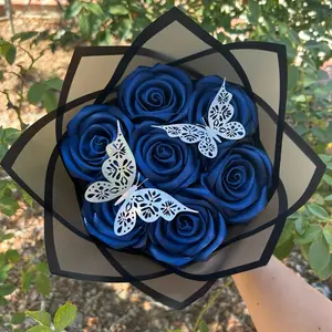 Dark Blue Bouquet with Butterflies Vibrant Dark Blue Color Rose Ribbon Elegant Floral Arrangement for Romantic Events & Gifts